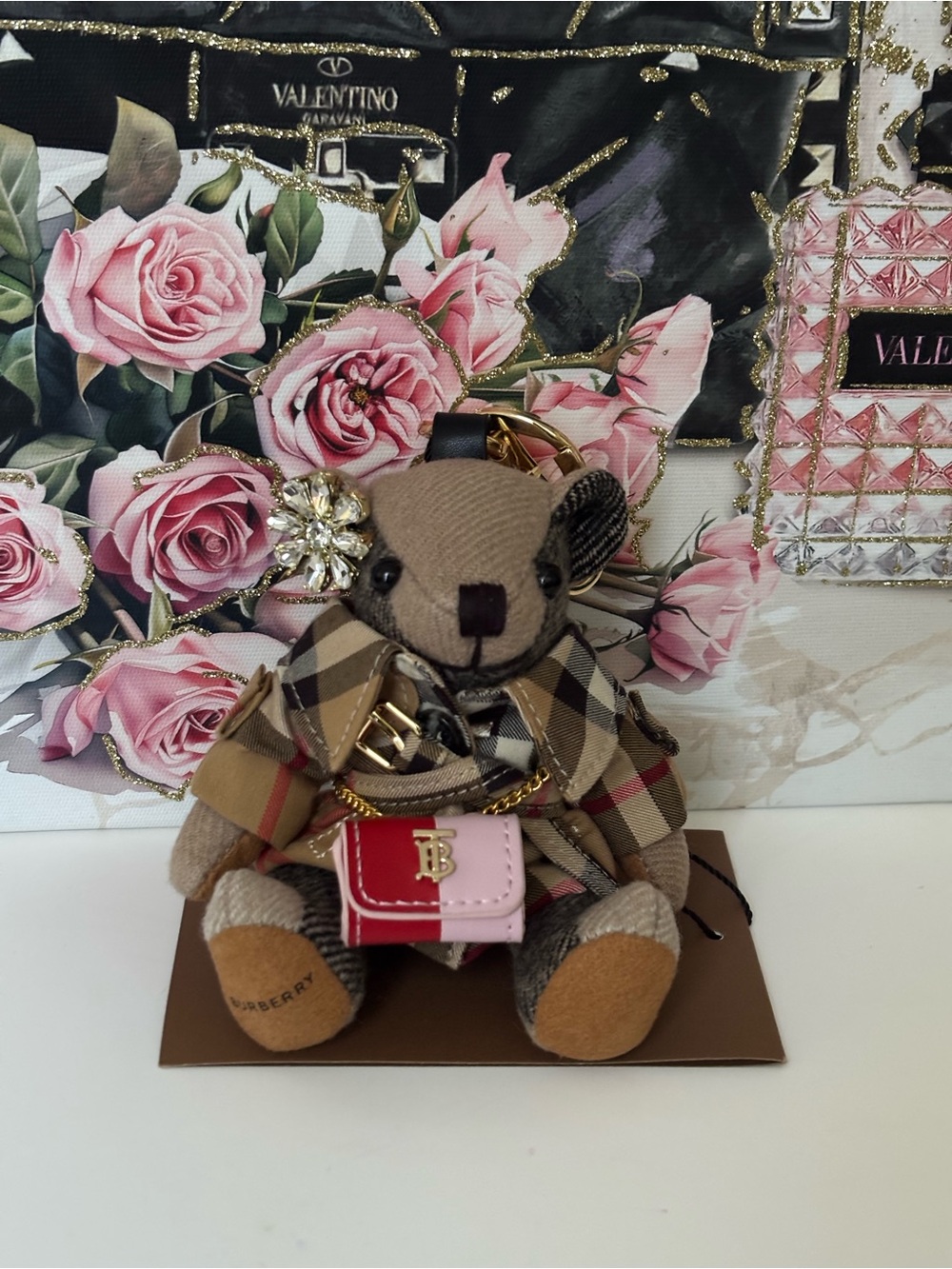 Burberry Plaid Bear Keychain with Pink and Red Mini Bag - Picture 2 of 3